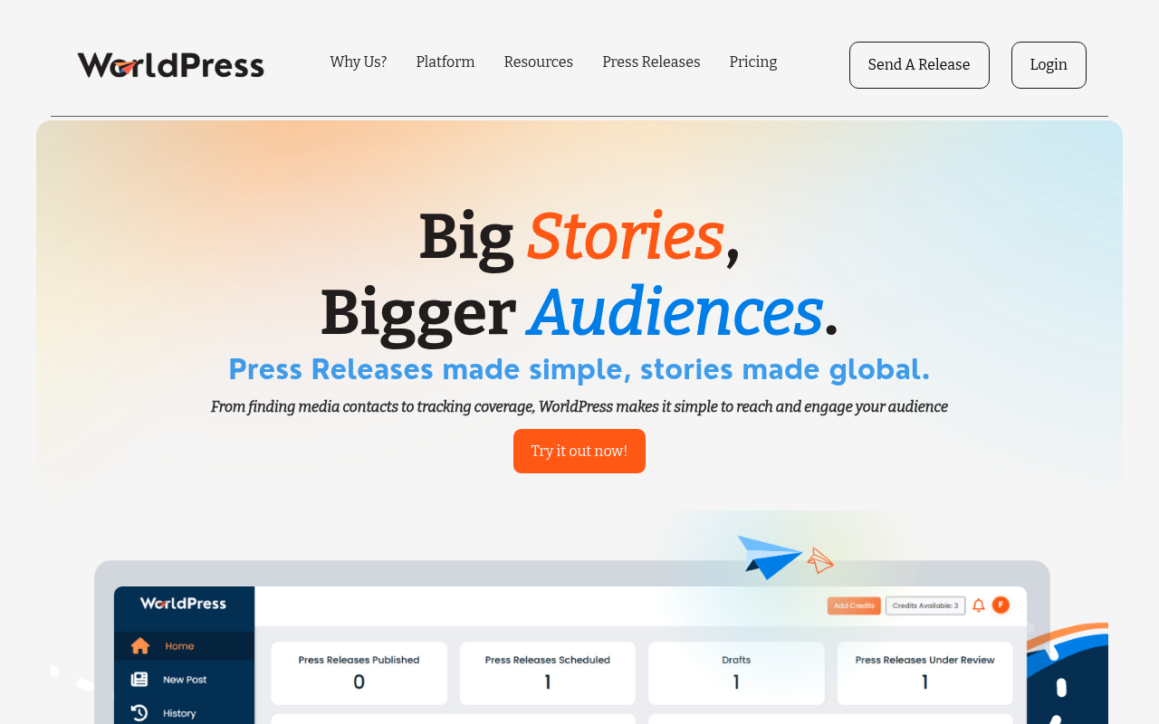 Screenshot of WorldPress: AI-Powered PR Distribution Made Easy