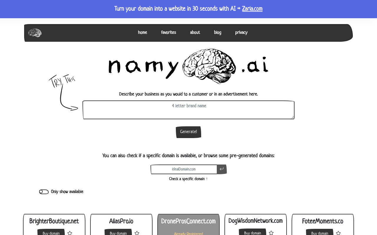 Screenshot of Namy.ai Review: AI-Powered Domain Name Generation Made Easy