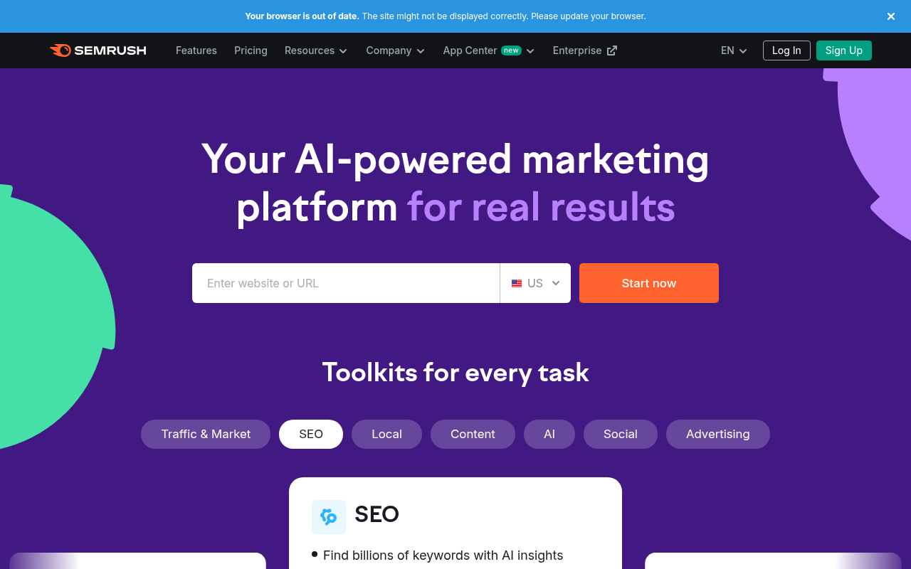 Screenshot of Semrush: Your All-in-One Online Marketing Powerhouse
