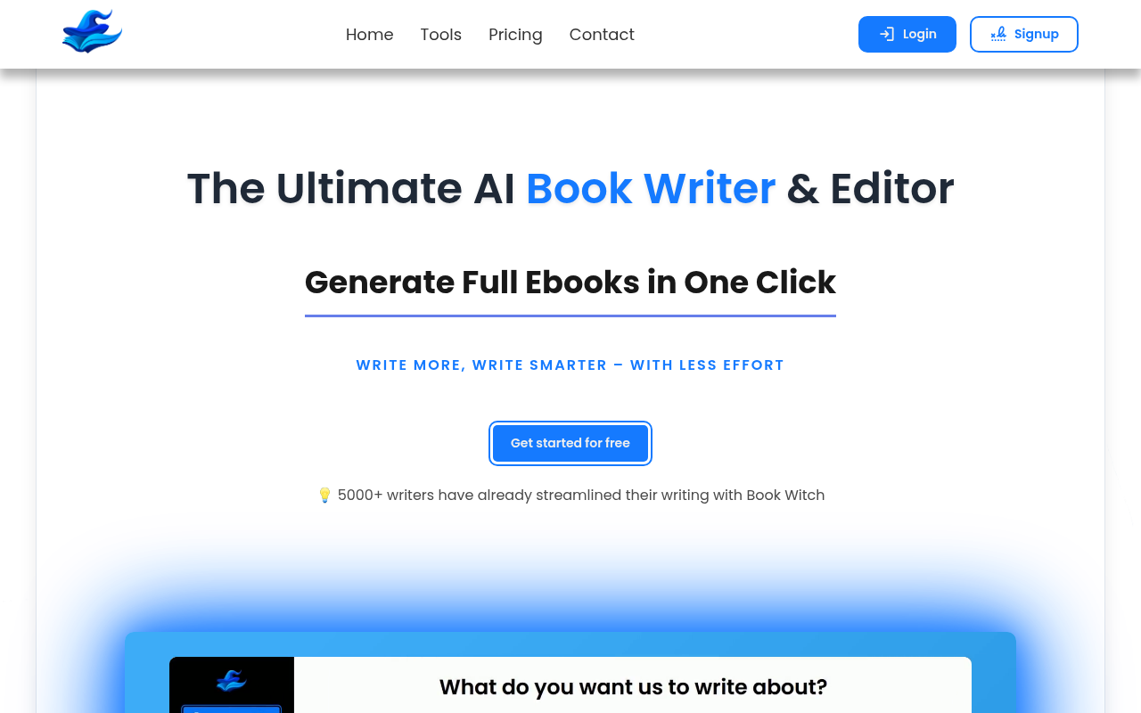 Screenshot of BookWitch.io: Unleash Your Inner Author with AI