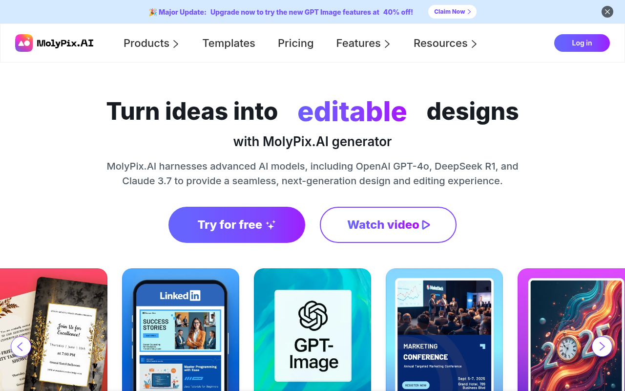 Screenshot of MolyPix.AI: Your AI Design Assistant for Stunning Graphics
