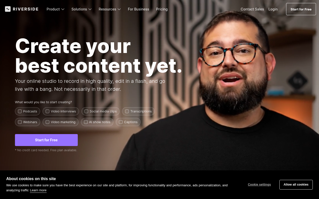 Screenshot of Riverside.fm: Record & Edit Studio-Quality Podcasts and Videos Online