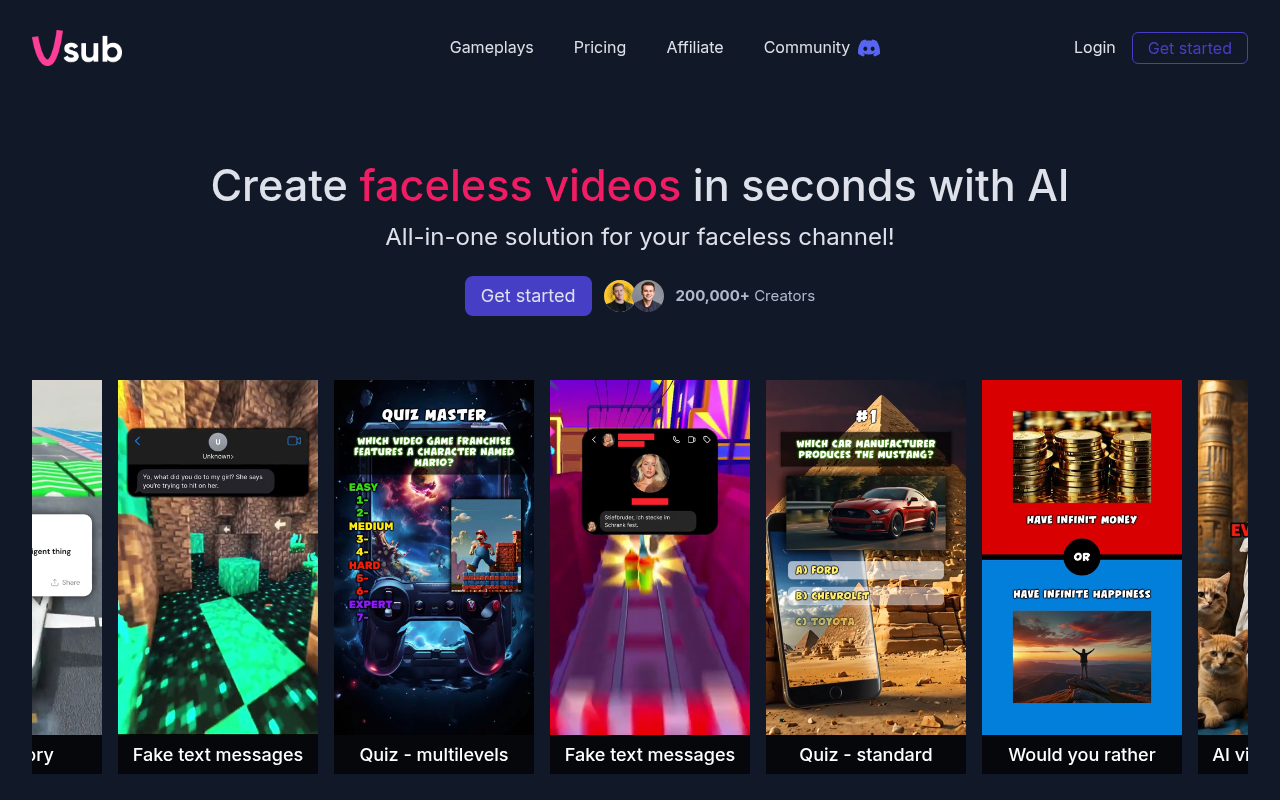 Screenshot of Vsub: AI-Powered Faceless Video Creation Made Easy