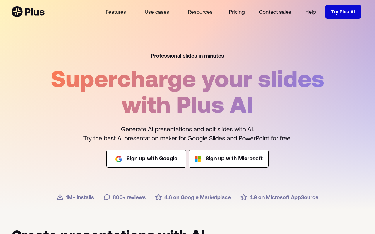 Screenshot of Plus AI: Effortless Presentation Creation with AI