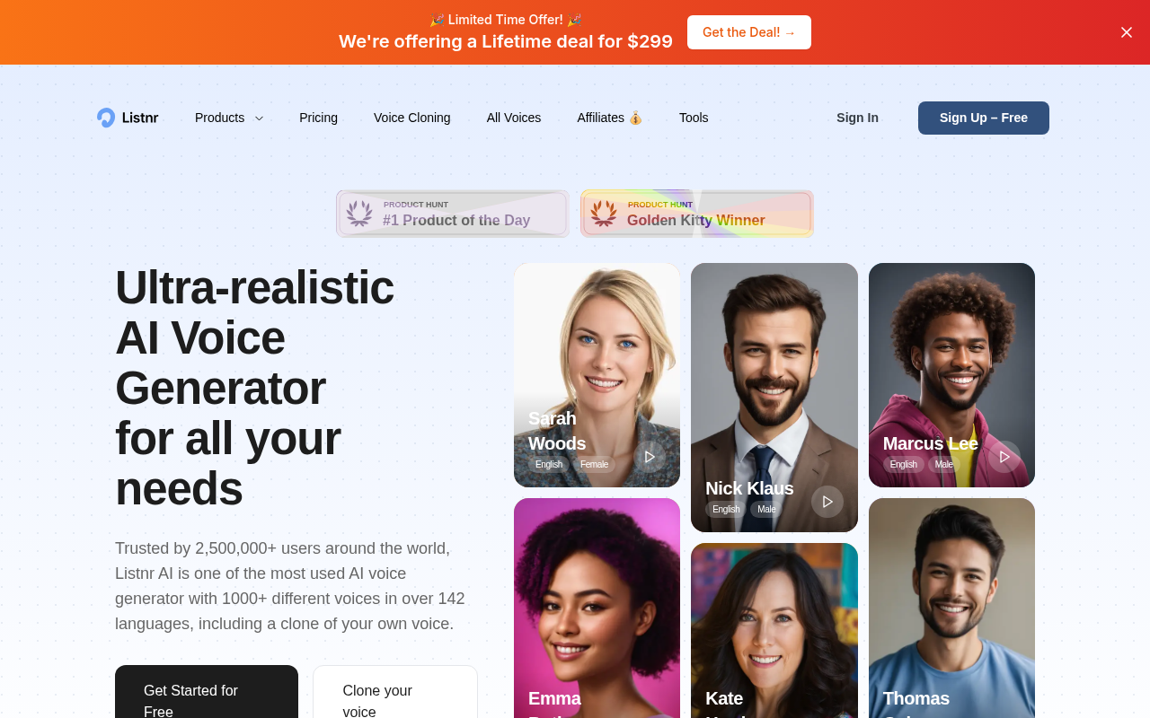 Screenshot of Listnr.ai: Transform Text into Realistic AI Voiceovers