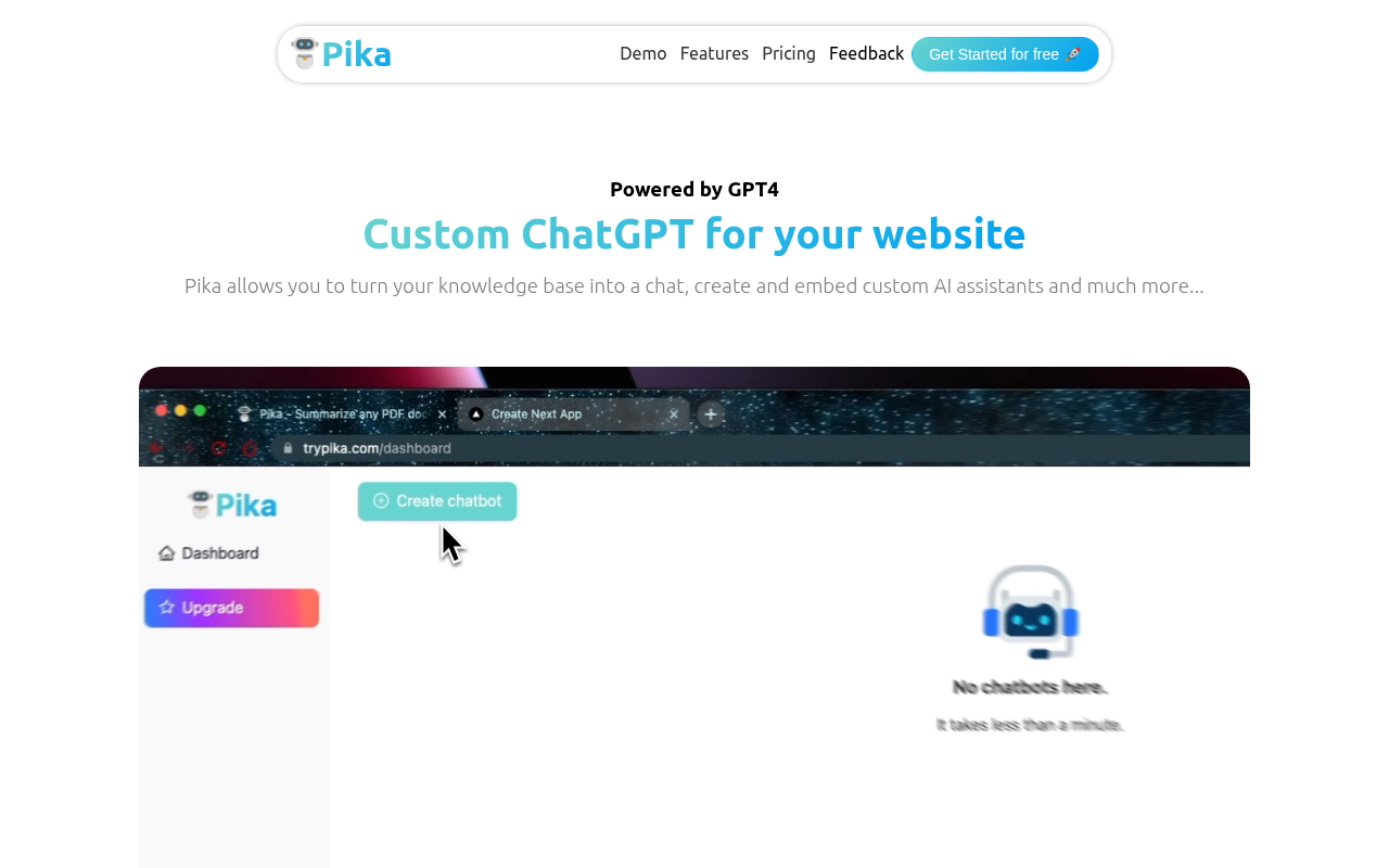 Screenshot of Pika: AI Chatbot Solution for Website Knowledge Bases