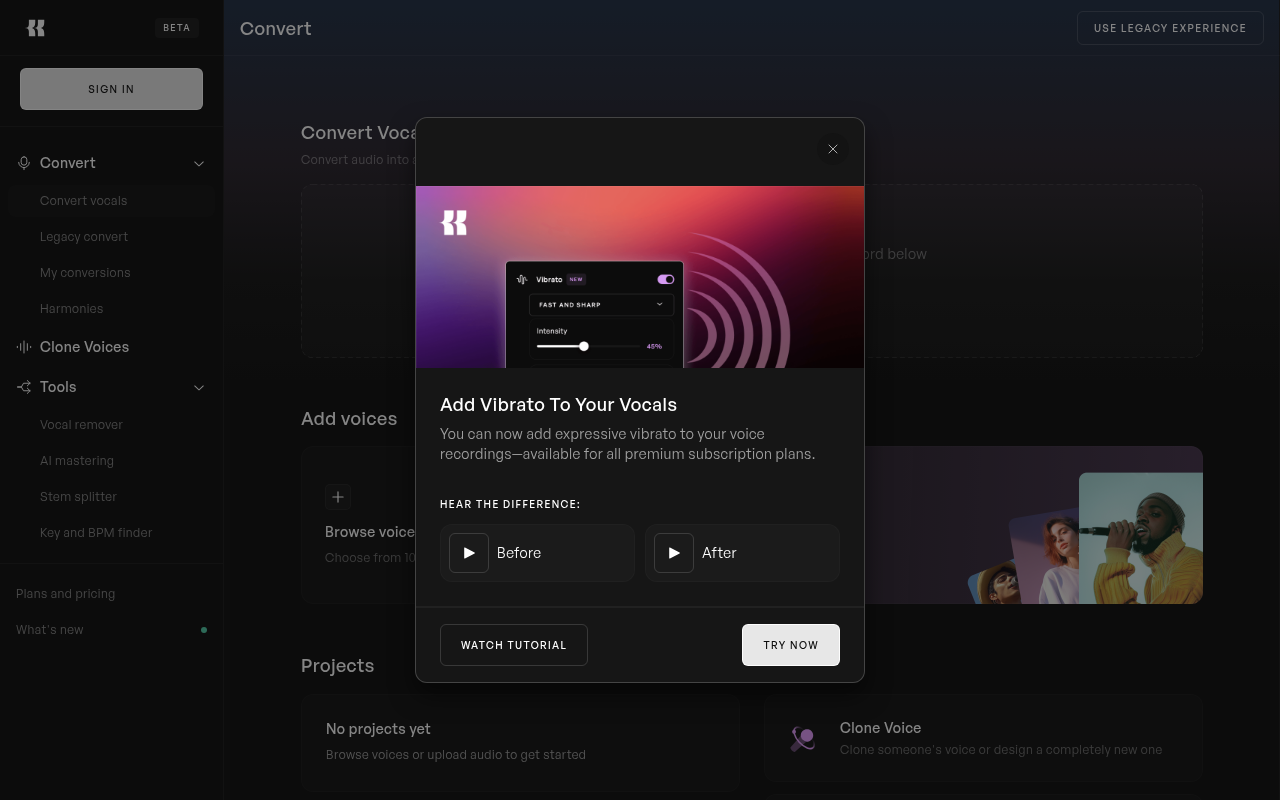 Screenshot of Kits AI: Transform Your Voice with AI Voice Studio