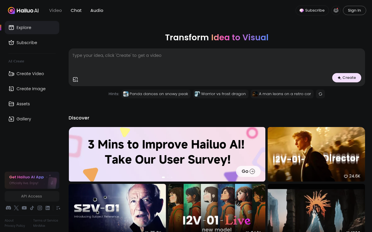 Screenshot of Hailuo AI Video: Transform Your Ideas into Cinematic AI Videos