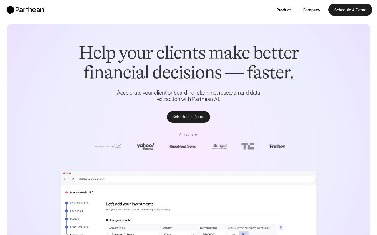 Screenshot of Parthean: AI-Powered Financial Planning for Modern Advisors