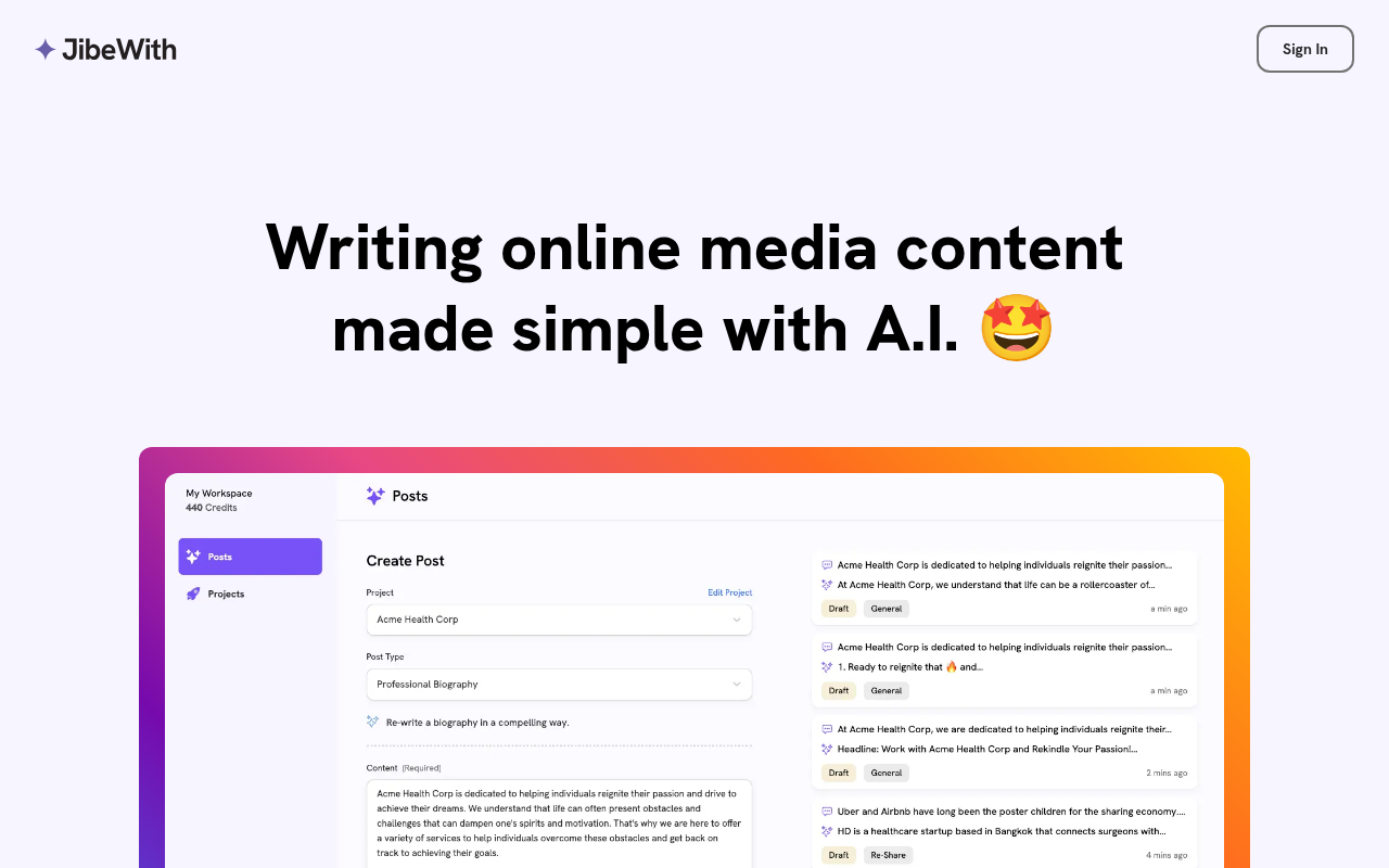 Screenshot of Jibewith.com: AI-Powered Content Creation for Social Media and Blogs