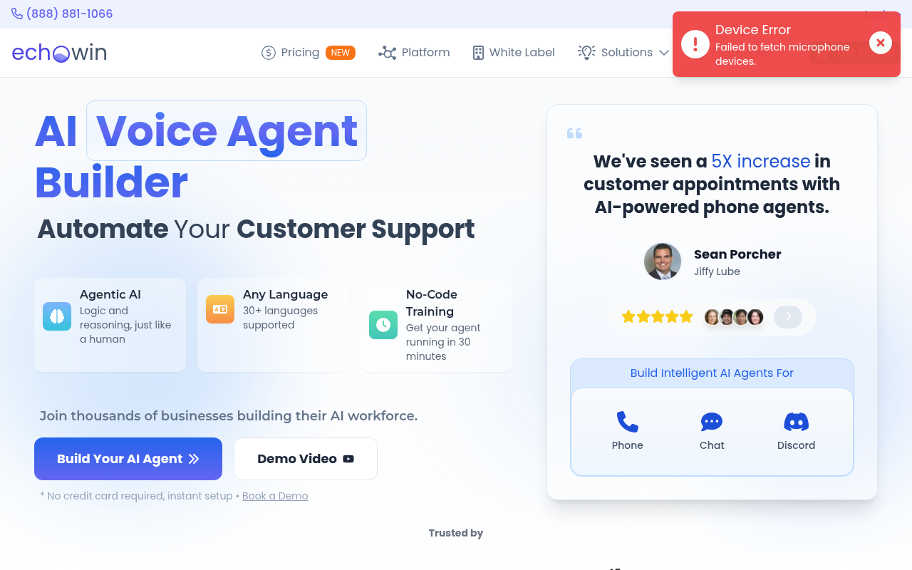 Screenshot of Echowin: Build Your 24/7 AI Voice Agent for Calls, Chat & Discord