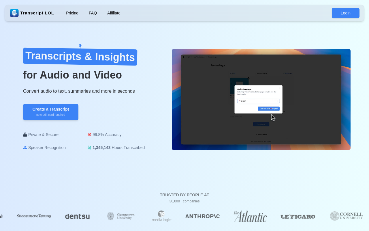 Screenshot of Transcript Lol: Supercharge Your Content with AI Transcription