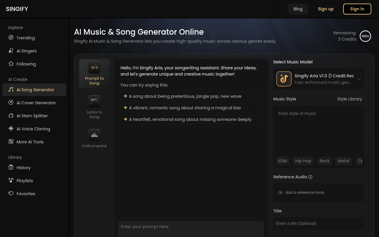 Screenshot of Singify AI: Your Free AI Music Generator for Unique Tracks