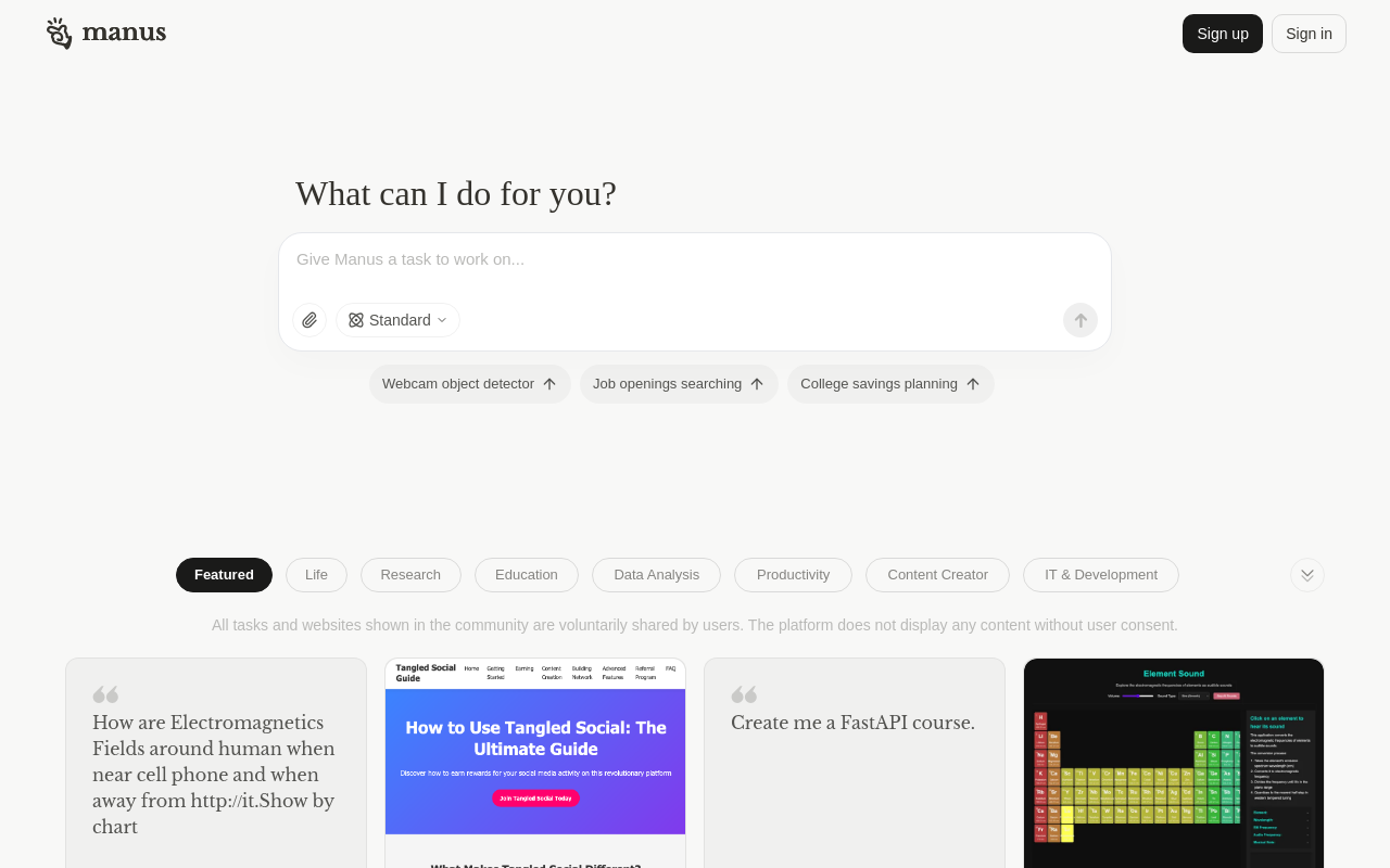 Screenshot of Manus AI: Your All-In-One Productivity Assistant