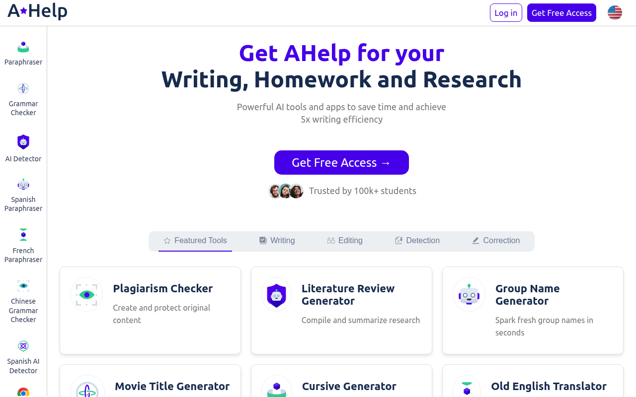 Screenshot of AHelp: AI-Powered Study & Writing Assistant Review