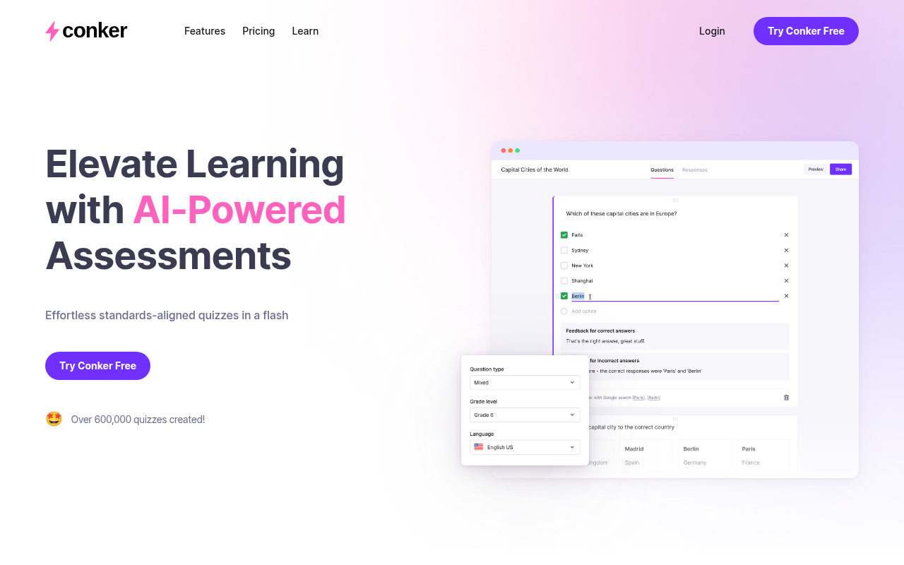 Screenshot of Conker.ai: AI-Powered Quizzes & Assessments Made Easy