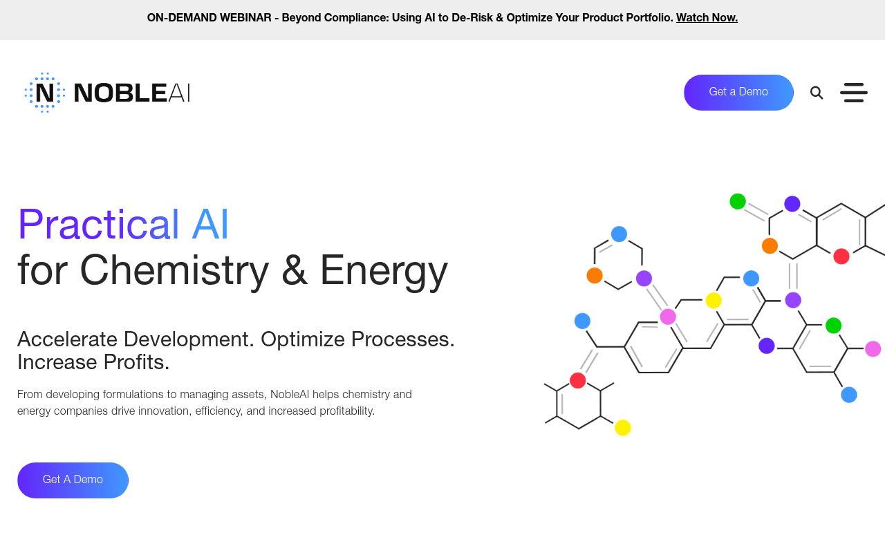 Screenshot of NobleAI: Science-Based AI for Chemical & Energy Innovation