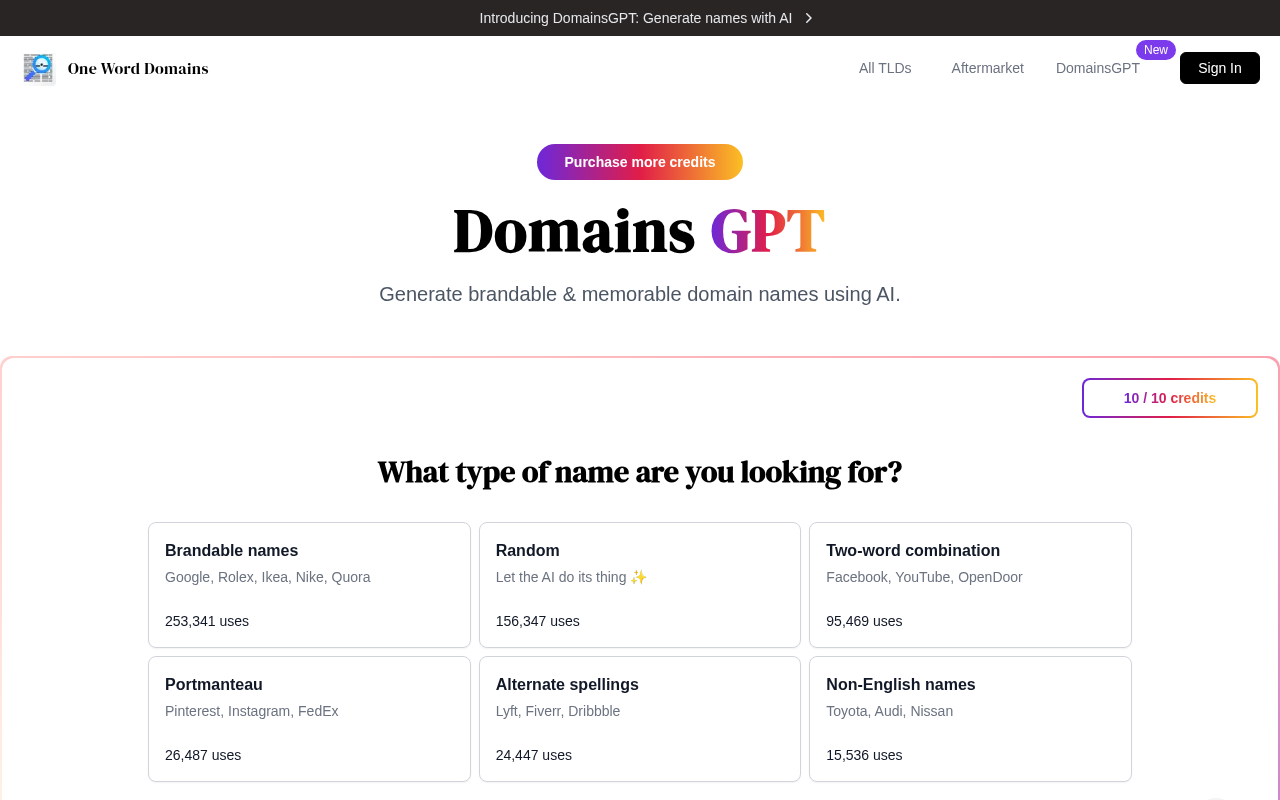 Screenshot of DomainsGPT: AI-Powered Domain Name Generator for Your Brand