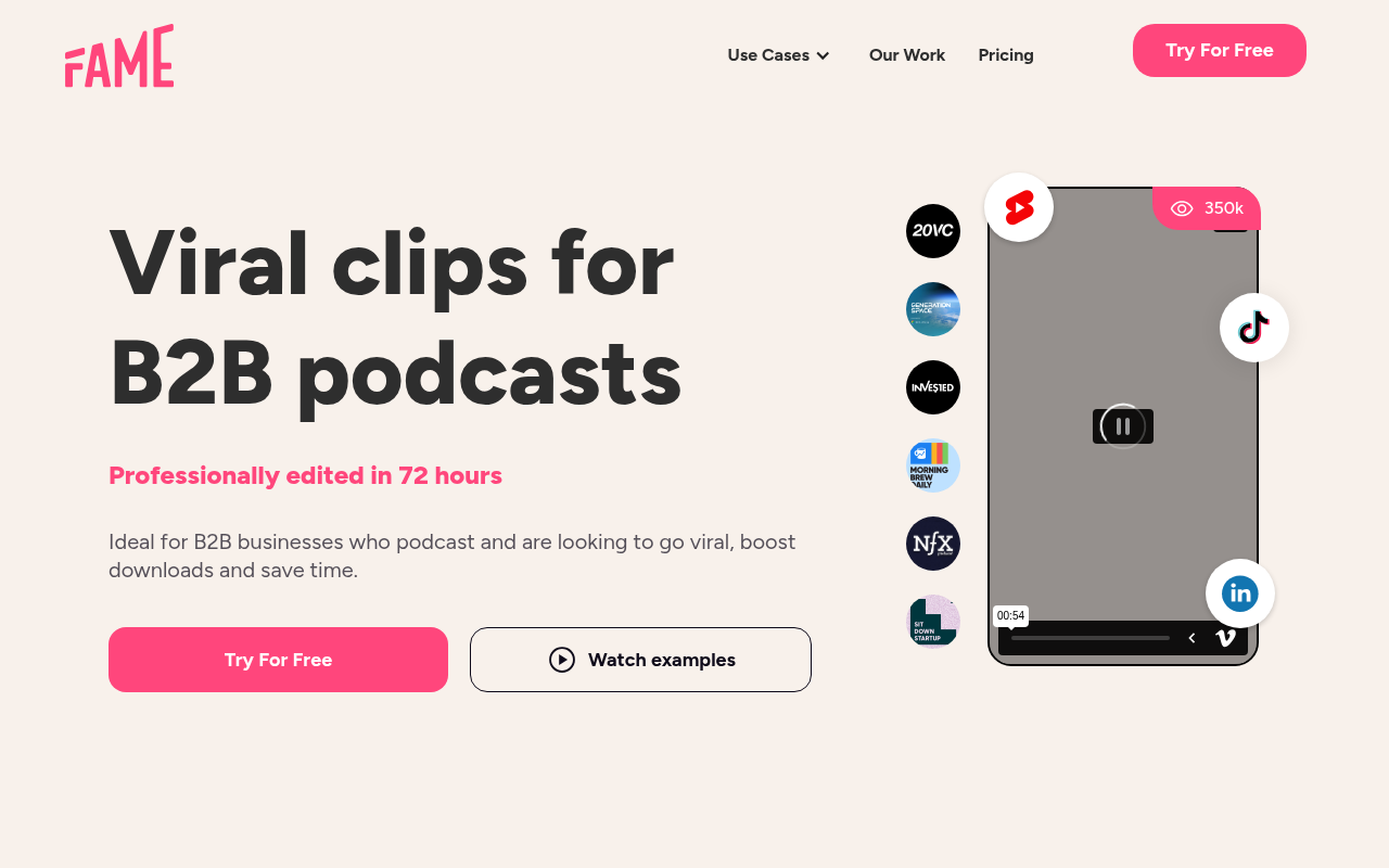 Screenshot of Fame: Repurpose Your B2B Podcast into Engaging Social Media Clips