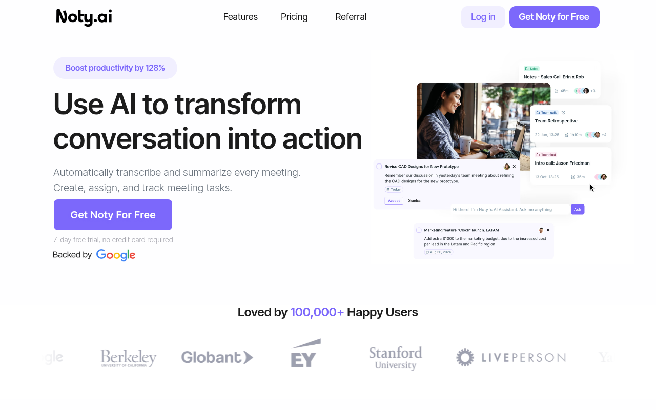Screenshot of Noty.ai: The AI Meeting Assistant Supercharging Productivity