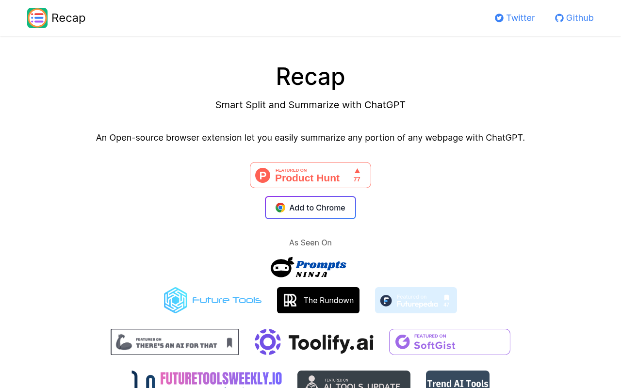 Screenshot of Recap: AI-Powered Summarization and Splitting for Enhanced Productivity