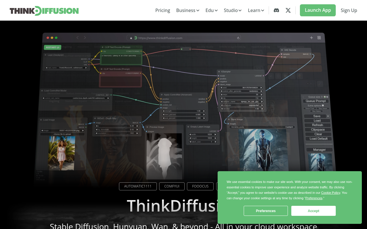 Screenshot of ThinkDiffusion: Your Personal AI Art Lab in the Cloud