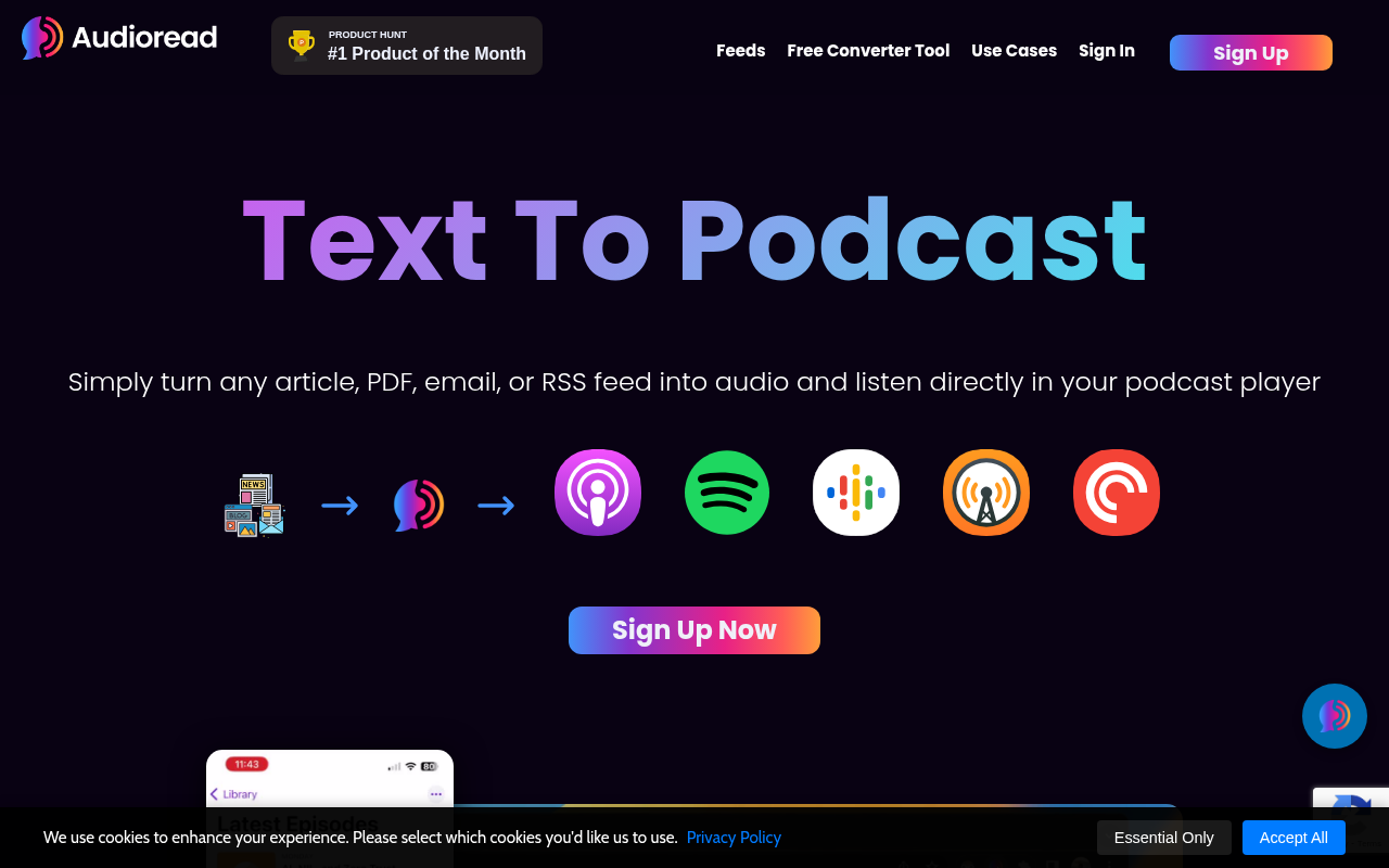 Screenshot of Audioread: Turn Text into Engaging Audio