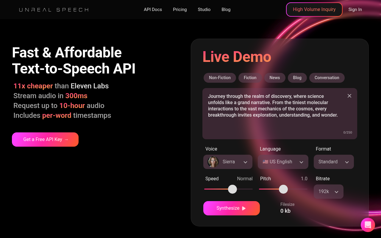 Screenshot of Unreal Speech Review: Affordable AI Text-to-Speech for Professionals