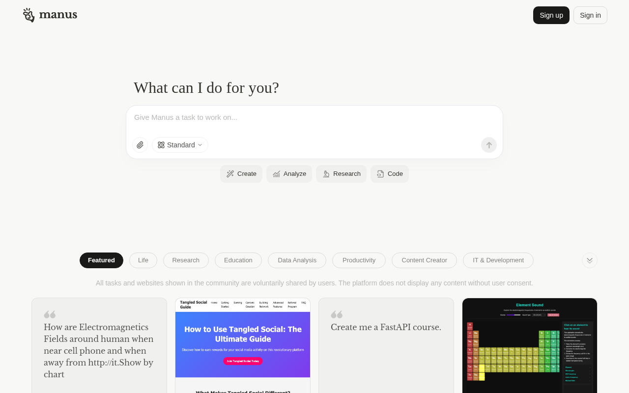 Screenshot of Manus AI: Your All-In-One AI Assistant for Work & Life