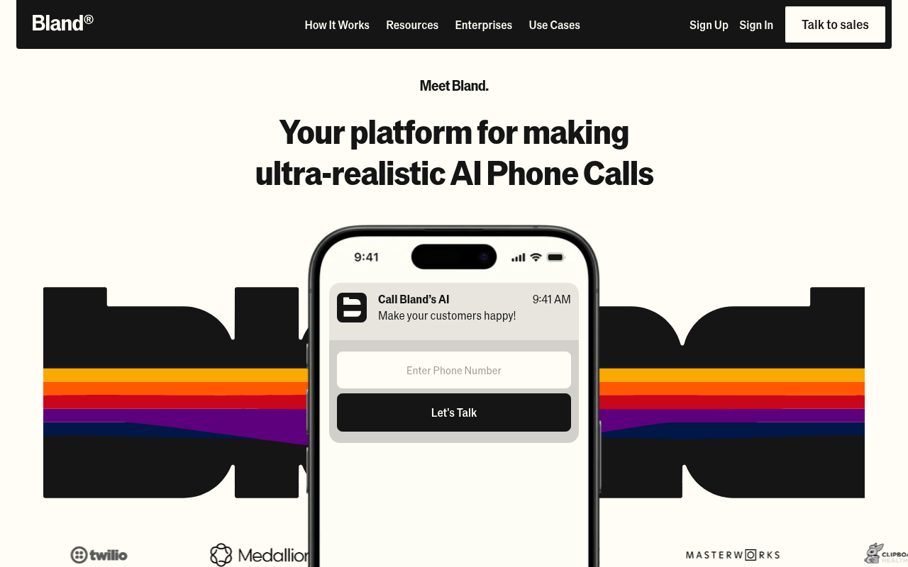 Screenshot of Bland AI: Revolutionizing Enterprise Communication with AI-Powered Phone Calls