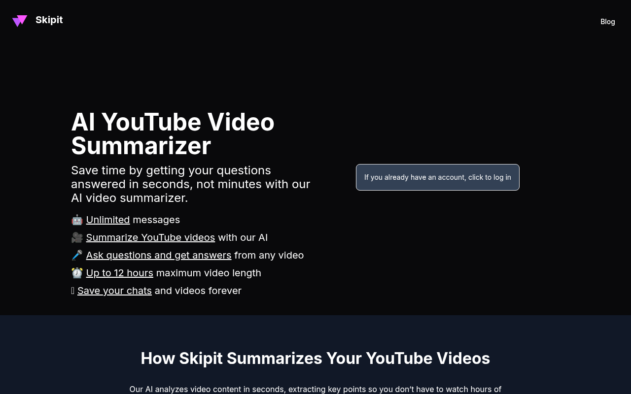 Screenshot of Skipit: AI YouTube Summarizer - Unlock Video Insights Instantly