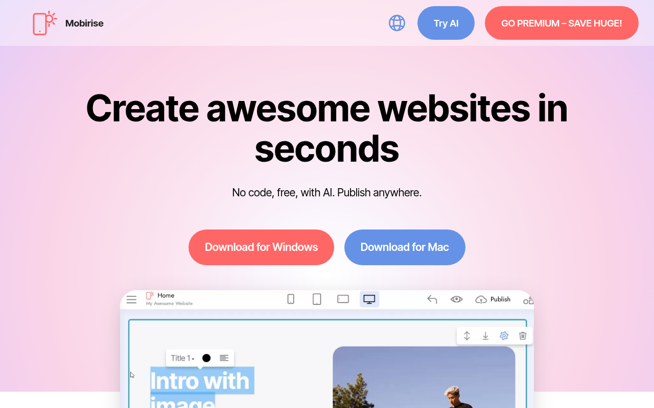 Screenshot of Mobirise AI Website Builder: Create & Customize Visually