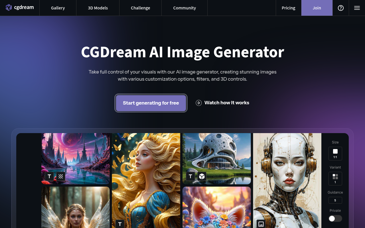 Screenshot of CGDream AI: Free AI Image Generation from Text, Photos, and 3D Models