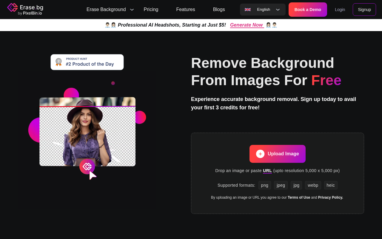 Screenshot of Erase.bg: Effortless AI Background Removal for Stunning Images