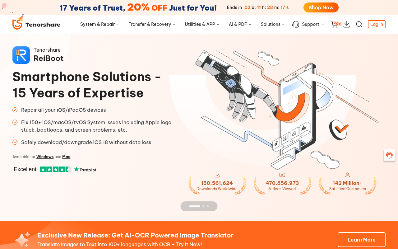Screenshot of Tenorshare: Your All-in-One Solution for Data Recovery, System Repair, and AI-Powered PDF Editing