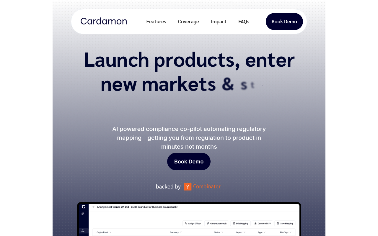 Screenshot of Cardamon AI: Automate Compliance & Launch Financial Products Faster