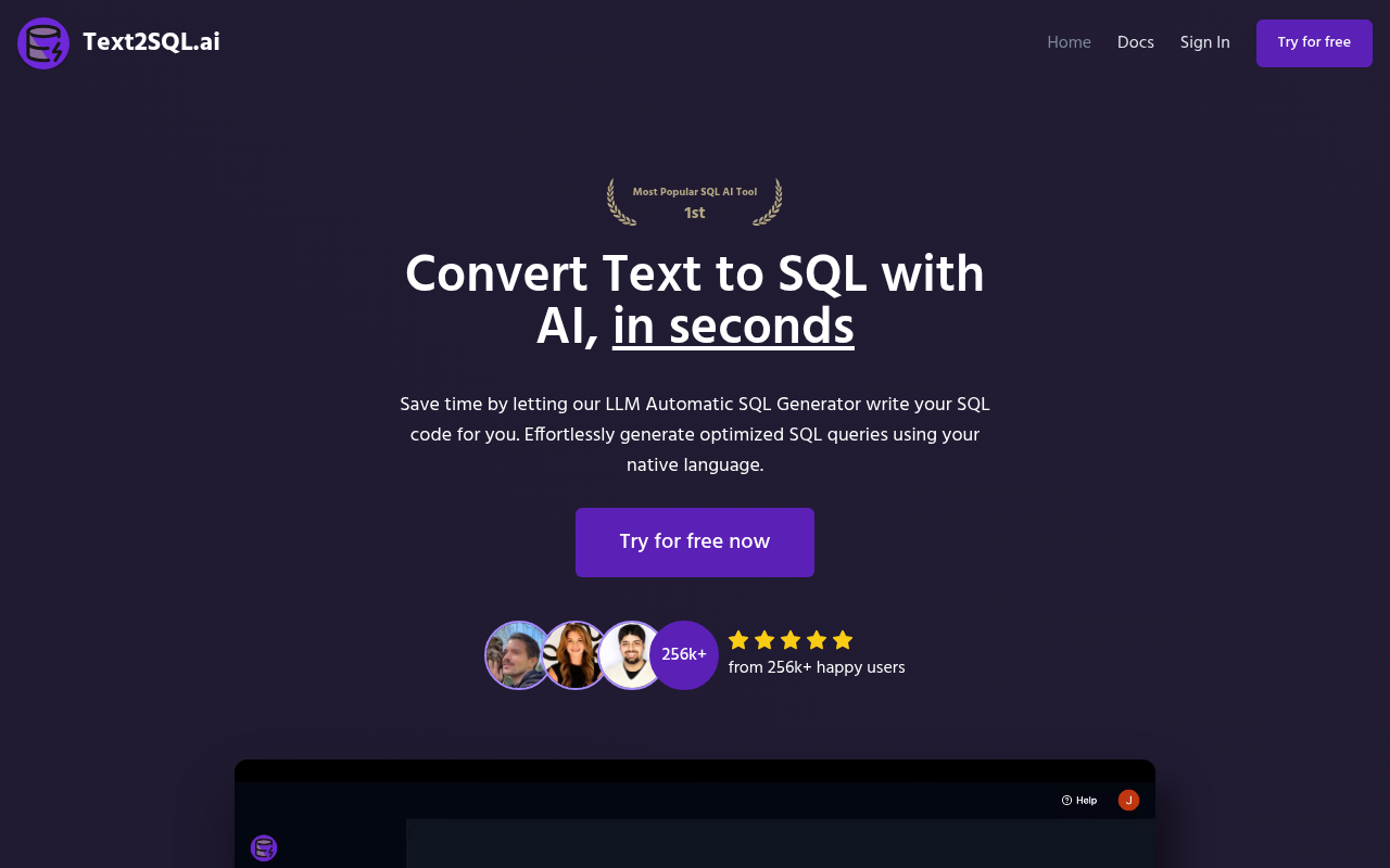 Screenshot of Text2SQL.ai: Effortlessly Convert Text to SQL Queries with AI