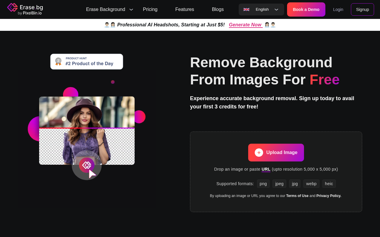 Screenshot of Erase.bg: Free AI Background Remover for Stunning Images