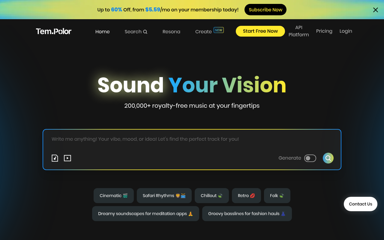 Screenshot of TemPolor: AI Royalty-Free Music Revolution for Content Creators
