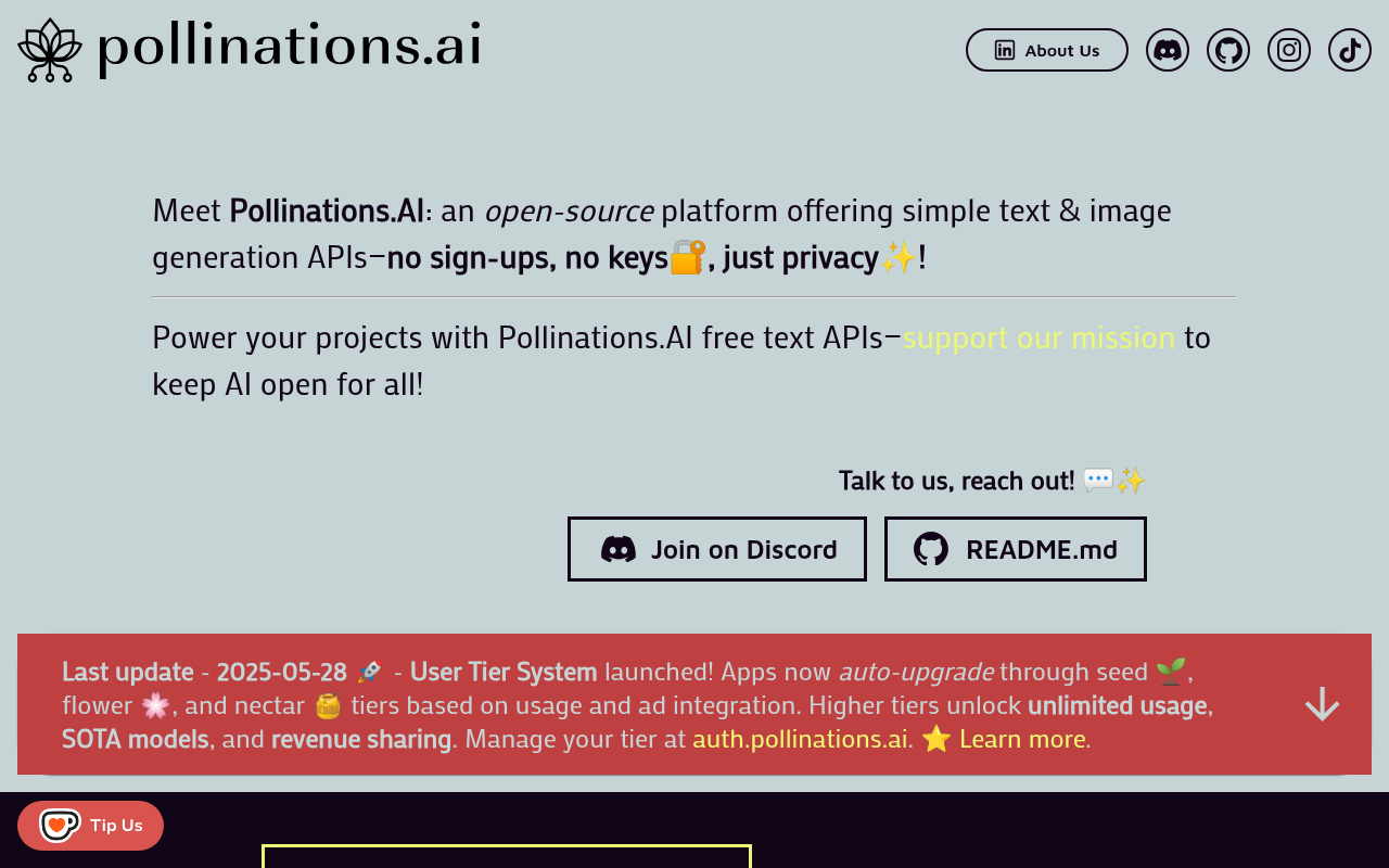 Screenshot of Pollinations.AI: Your Free & Open Source AI Image Playground