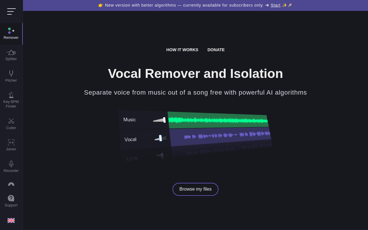 Screenshot of Vocalremover.org: Extract Vocals and Instrumentals with AI