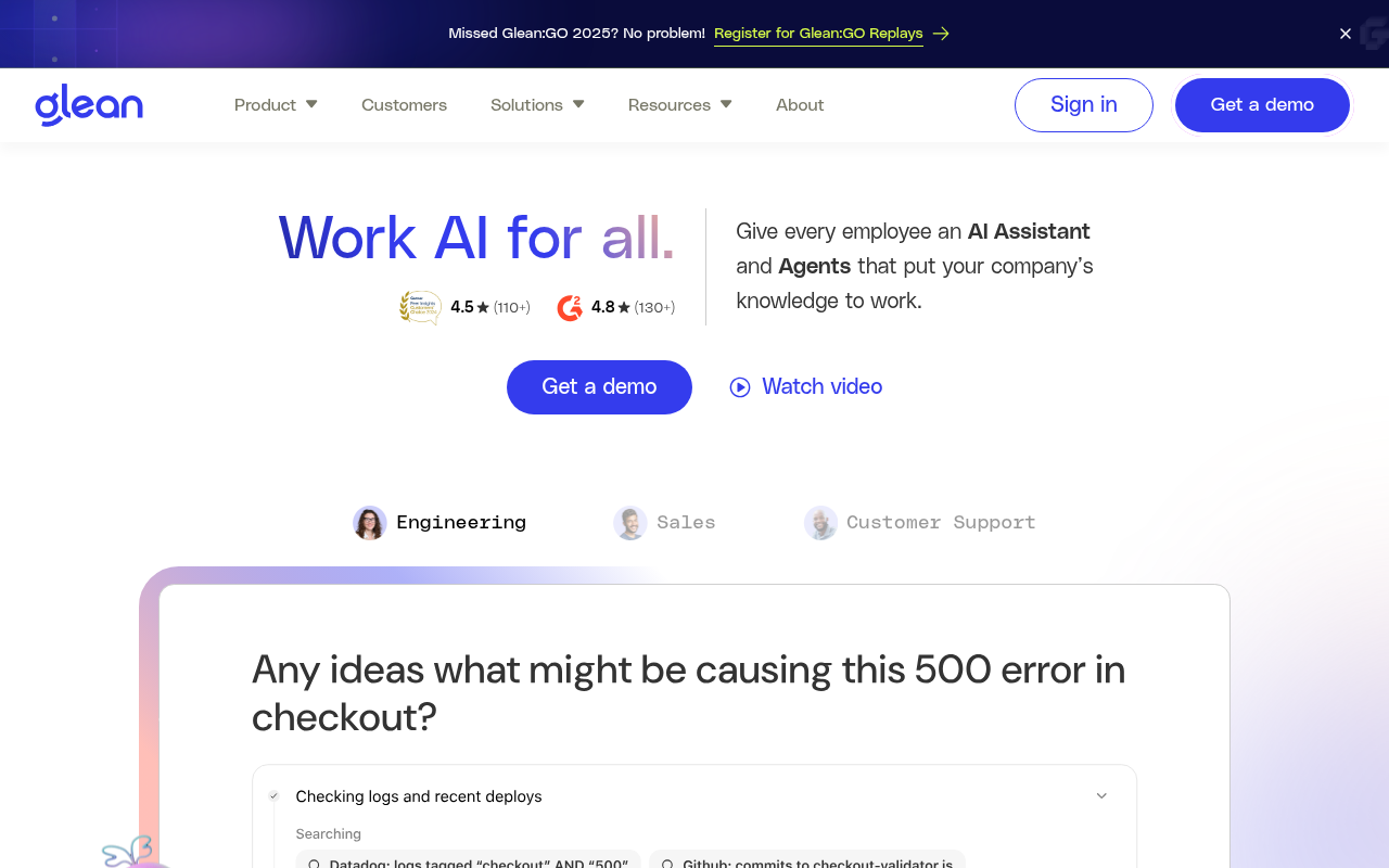 Screenshot of Glean: The Enterprise AI Platform for Search, Automation, and Productivity