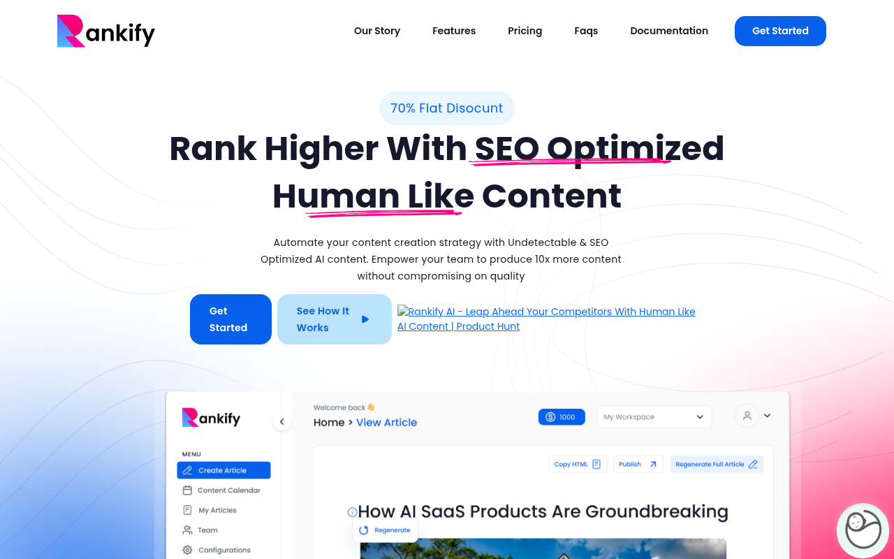 Screenshot of Rankify AI: Your Shortcut to SEO-Optimized Content and Higher Rankings