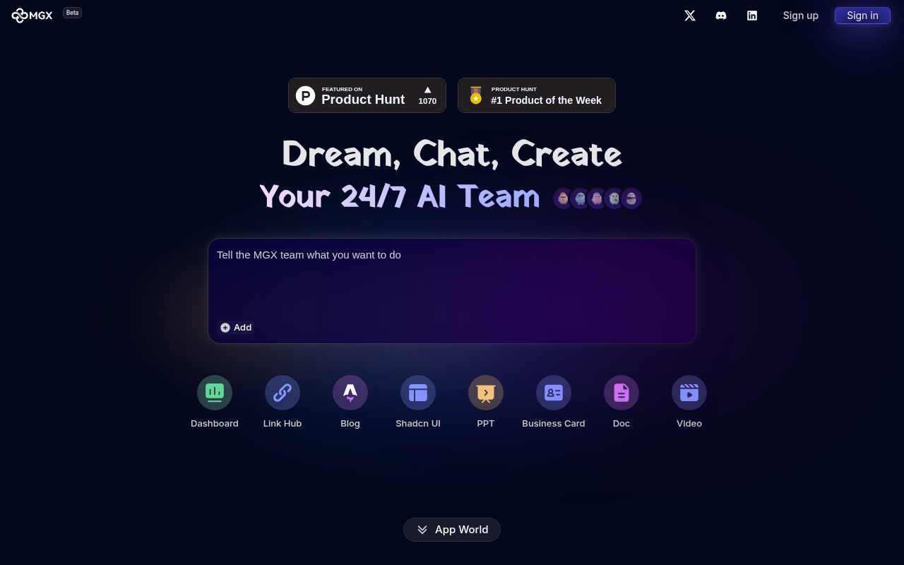 Screenshot of MGX: Your AI-Powered Productivity Partner