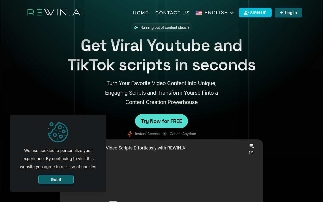 Screenshot of Rewin: AI-Powered Video Script Optimization for Viral Success