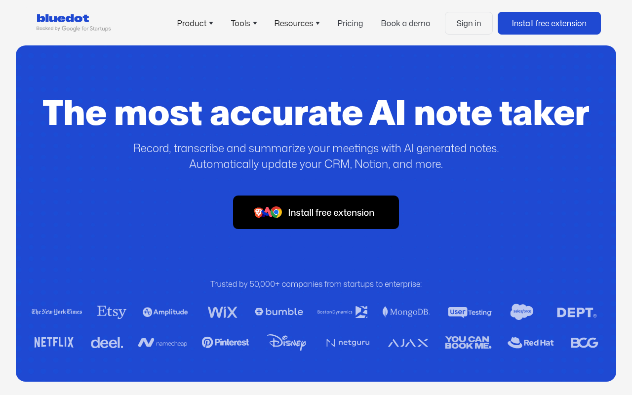 Screenshot of Bluedot Review: AI-Powered Meeting Summaries & Transcription