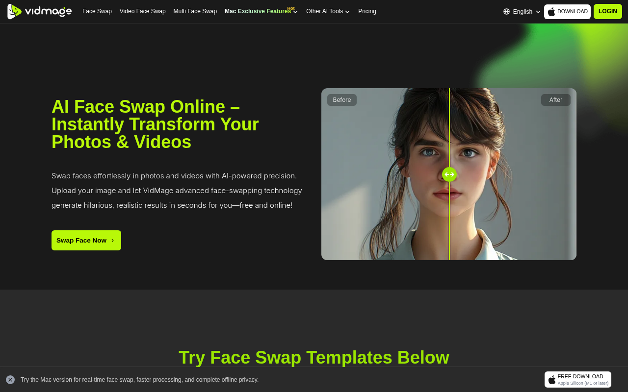 Screenshot of VidMage.ai: Effortless AI Face Swapping for Photos and Videos