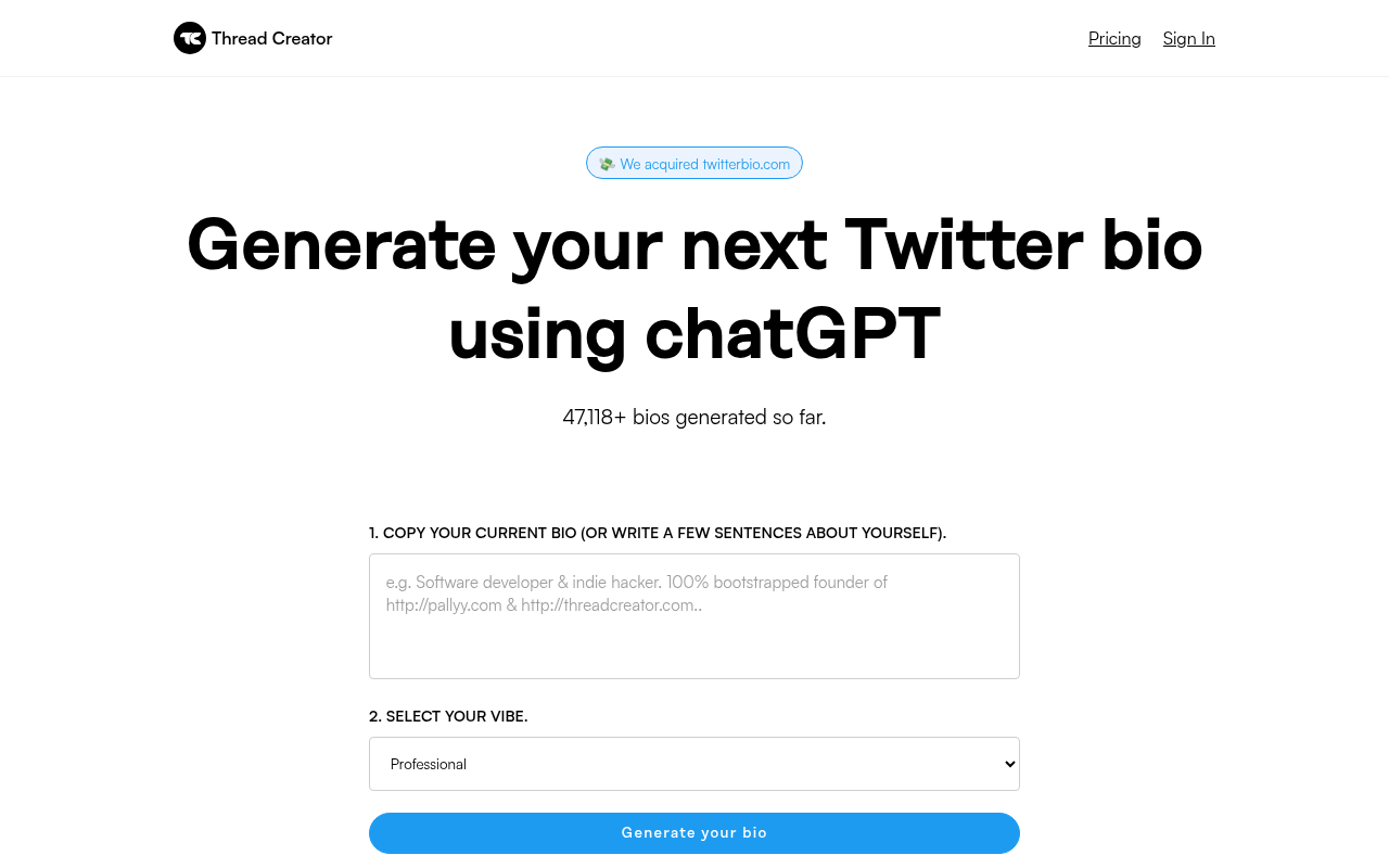 Screenshot of Effortless Twitter Bios: Generate Engaging Profiles with TwitterBio.com