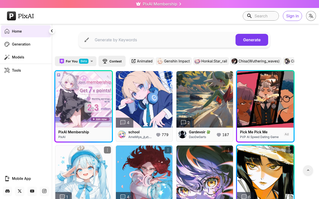 Screenshot of PixAI: Your Gateway to Effortless Anime AI Art Generation