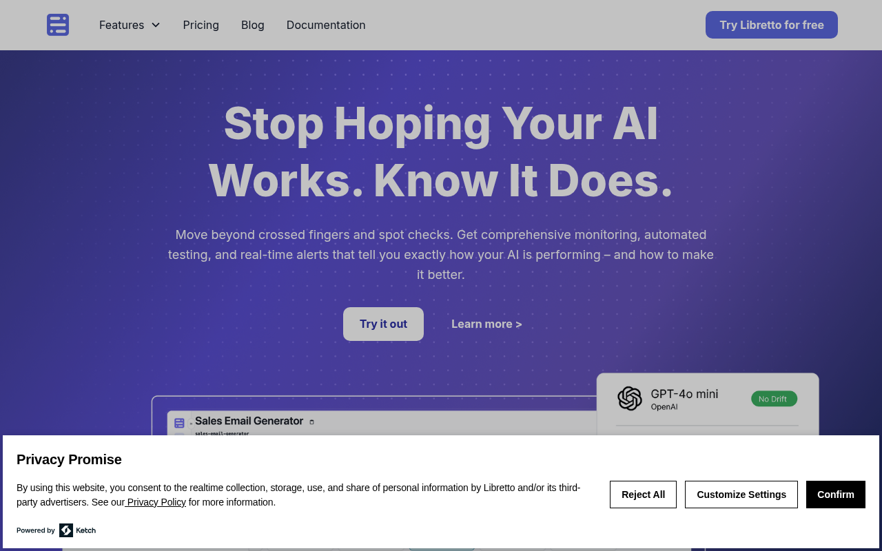Screenshot of Libretto: AI Monitoring and Testing for Reliable Performance